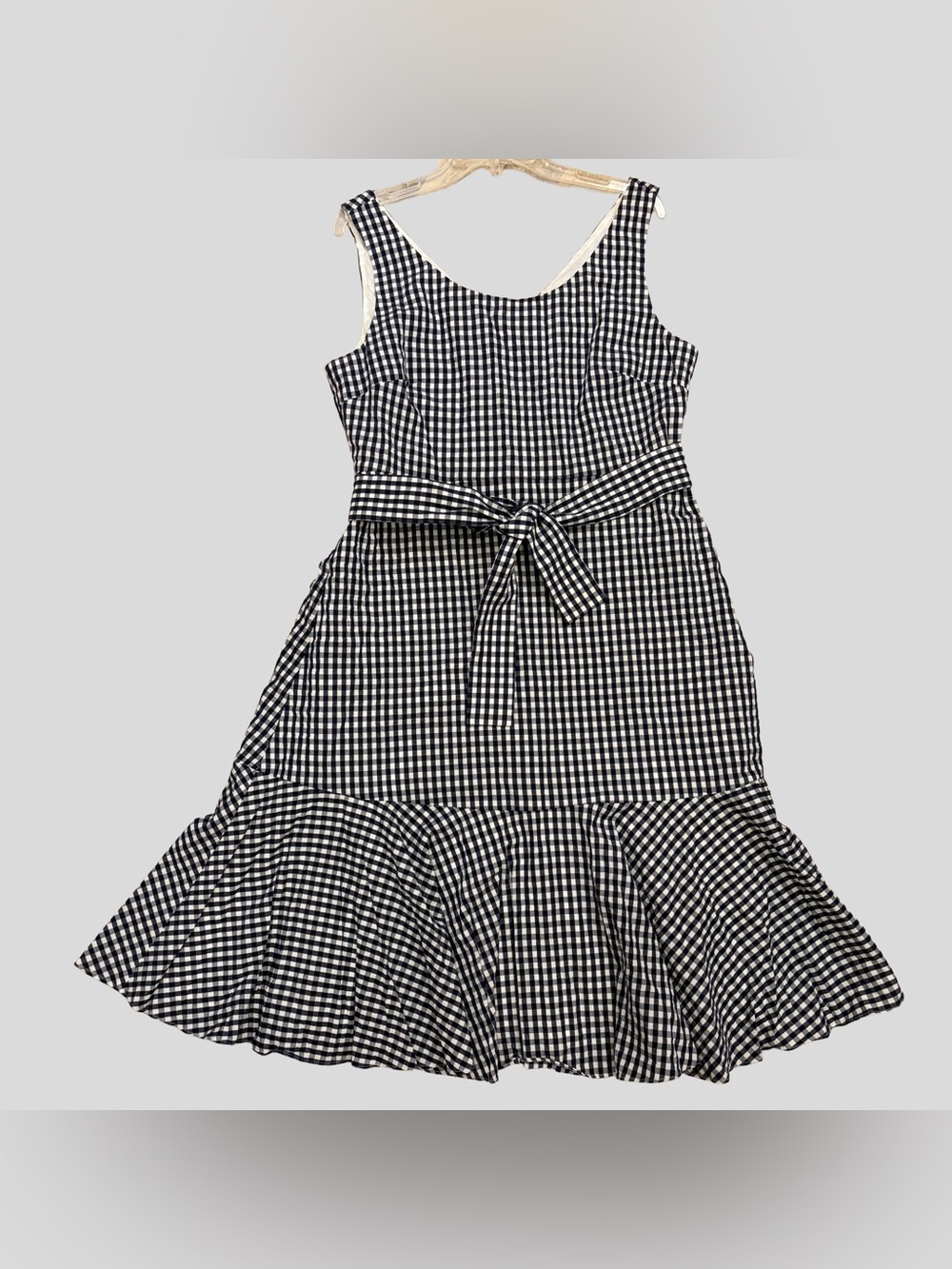 J. Crew JCrew Sleeveless Navy and White Gingham Tie-Waist Ruffle Hem Dress Sz 14